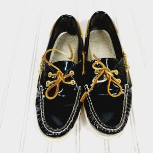 Sperry Top Sider Black Patent Leather Lace Up Boat Flats i761